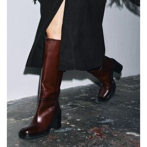 ZARA Leather Wide Heel Burgundy Tall Boots, 8. NWT